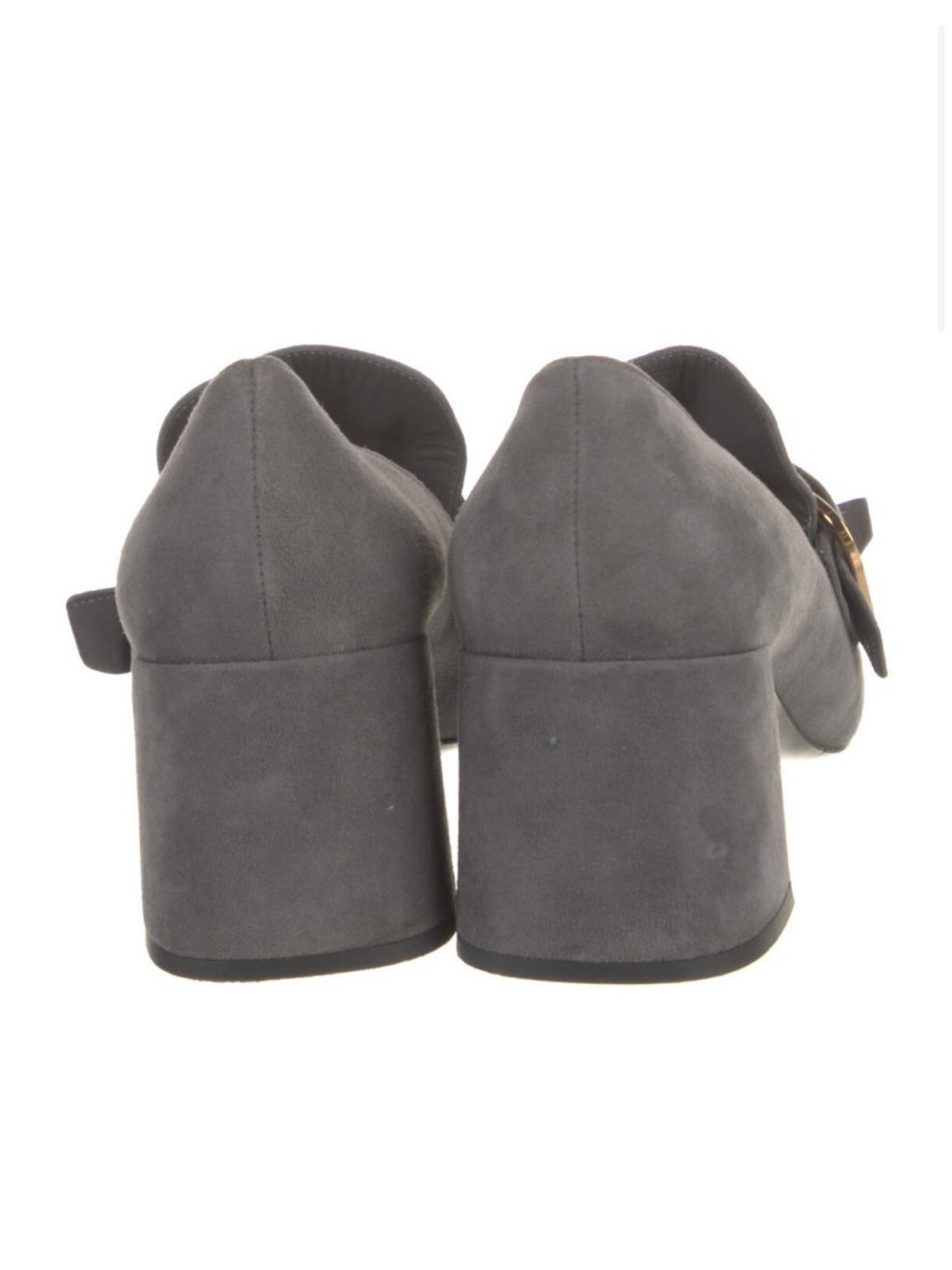 Prada Gray Suede Loafer with Fringe and Gold Buckle Heel - Picture 4 of 5
